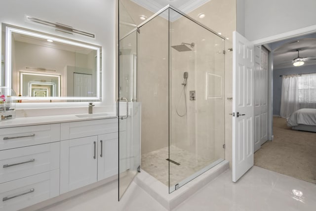 2371 Simonson Dr, Wellington, FL 33414 - ensuite bathroom with a stall shower, vanity, ceiling fan, and tile patterned floors