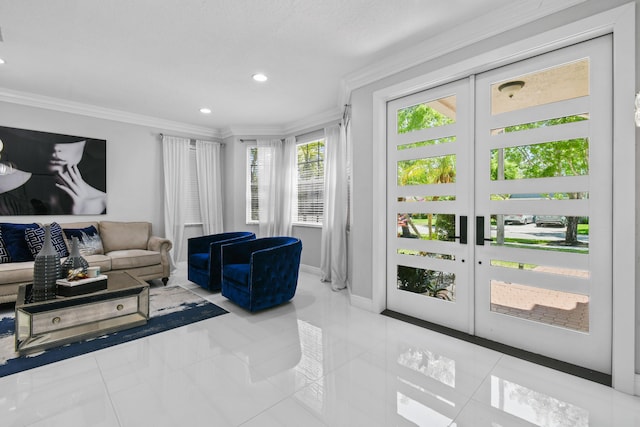 2371 Simonson Dr, Wellington, FL 33414 - living room with ornamental molding, recessed lighting, french doors, tile patterned floors, and baseboards