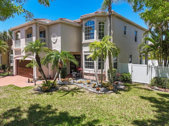 2371 Simonson Dr, Wellington, FL 33414 - mediterranean / spanish-style home with stucco siding, an attached garage, a tile roof, and decorative driveway