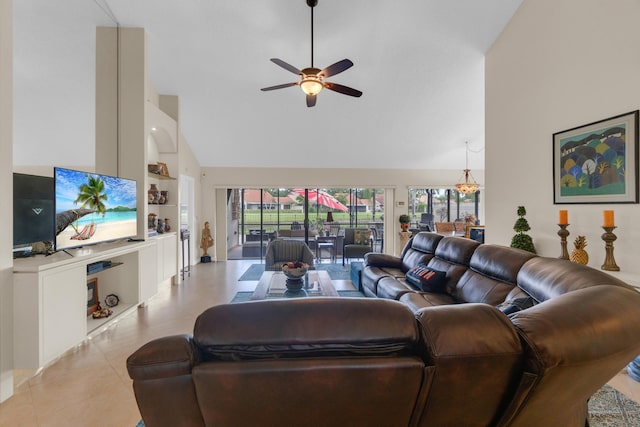 2855 Eagle Ln, West Palm Beach, FL 33409 - living area with high vaulted ceiling, ceiling fan, and light tile patterned flooring