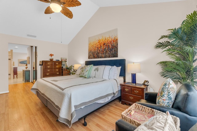 2855 Eagle Ln, West Palm Beach, FL 33409 - bedroom with light wood-style flooring, high vaulted ceiling, and ceiling fan