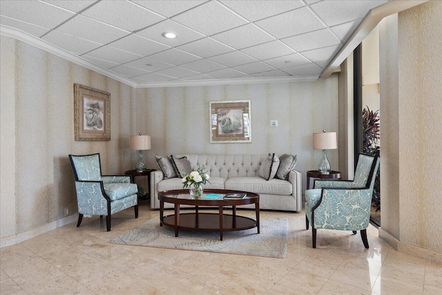 2800 N Ocean Dr Unit B-24D, Singer Island, FL 33404 - living area featuring wallpapered walls, crown molding, baseboards, and a drop ceiling