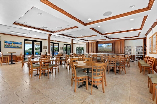 2800 N Ocean Dr Unit B-24D, Singer Island, FL 33404 - dining area featuring ornamental molding, plenty of natural light, coffered ceiling, beam ceiling, and decorative columns