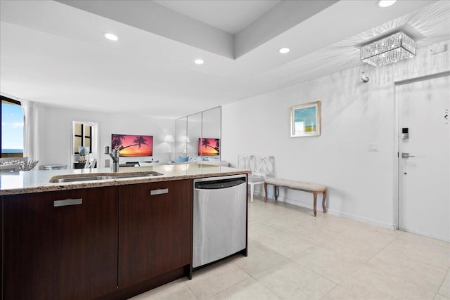 2800 N Ocean Dr Unit B-24D, Singer Island, FL 33404 - kitchen featuring a sink, stainless steel dishwasher, open floor plan, recessed lighting, and dark brown cabinets