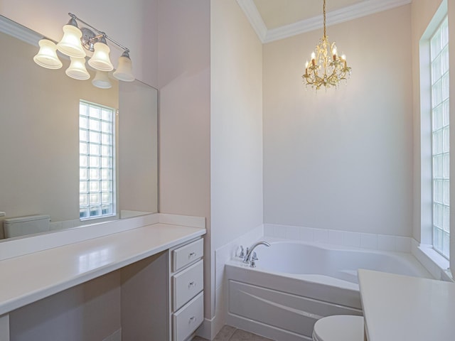 5151 Formosa Cir, Vero Beach, FL 32967 - full bathroom featuring a chandelier, toilet, ornamental molding, a garden tub, and vanity