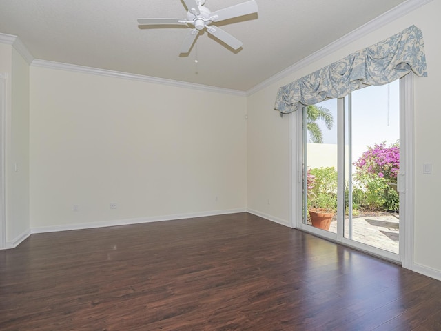 5151 Formosa Cir, Vero Beach, FL 32967 - empty room featuring crown molding, dark wood finished floors, baseboards, and a ceiling fan