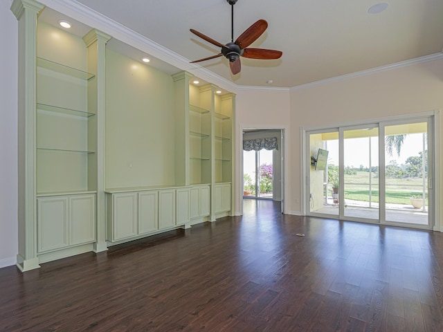 5151 Formosa Cir, Vero Beach, FL 32967 - unfurnished room with built in shelves, ornamental molding, ceiling fan, dark wood finished floors, and baseboards