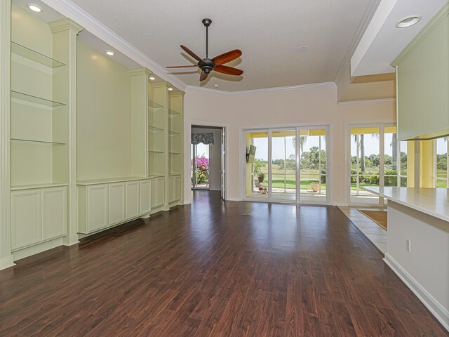 5151 Formosa Cir, Vero Beach, FL 32967 - unfurnished living room with built in features, a ceiling fan, dark wood-type flooring, crown molding, and recessed lighting