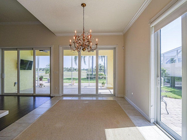 5151 Formosa Cir, Vero Beach, FL 32967 - unfurnished dining area with light tile patterned floors, healthy amount of natural light, a chandelier, crown molding, and baseboards