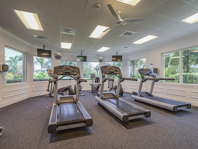 5151 Formosa Cir, Vero Beach, FL 32967 - workout area with carpet, a ceiling fan, a decorative wall, a wainscoted wall, and crown molding