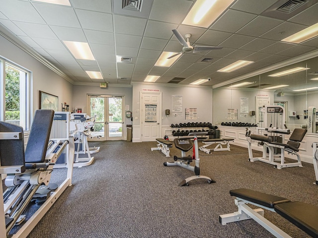 5151 Formosa Cir, Vero Beach, FL 32967 - exercise room featuring a ceiling fan, crown molding, a paneled ceiling, and french doors