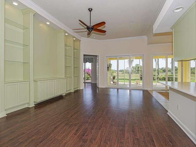 5151 Formosa Cir, Vero Beach, FL 32967 - unfurnished living room with built in features, a ceiling fan, dark wood-type flooring, crown molding, and recessed lighting