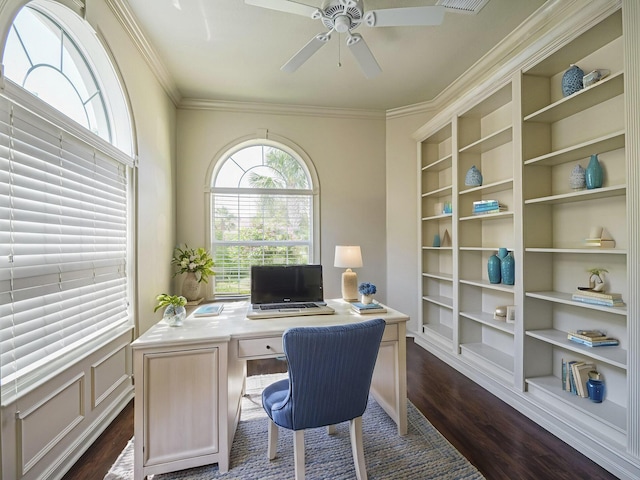 5151 Formosa Cir, Vero Beach, FL 32967 - office area with dark wood-style floors, ornamental molding, a ceiling fan, and built in shelves