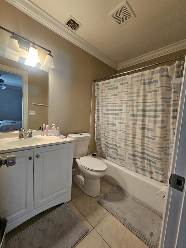 2018 S 10th St Unit C, Fort Pierce, FL 34950 - full bathroom with crown molding, vanity, tile patterned floors, shower / bath combination with curtain, and toilet