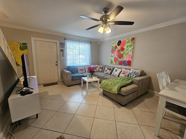 2018 S 10th St Unit C, Fort Pierce, FL 34950 - living room with crown molding, light tile patterned flooring, and ceiling fan