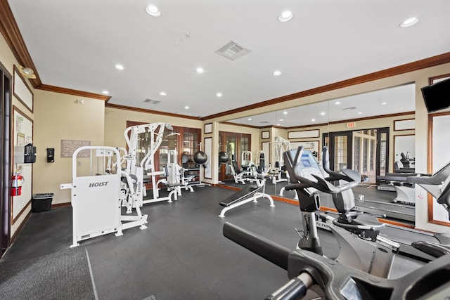 4179 N Haverhill Rd Unit 609, West Palm Beach, FL 33417 - gym featuring ornamental molding, recessed lighting, french doors, and plenty of natural light