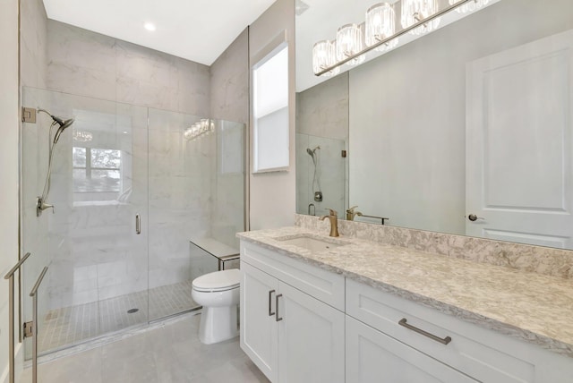 17135 SW Ambrose Way, Port Saint Lucie, FL 34986 - full bath featuring toilet, a marble finish shower, vanity, and recessed lighting