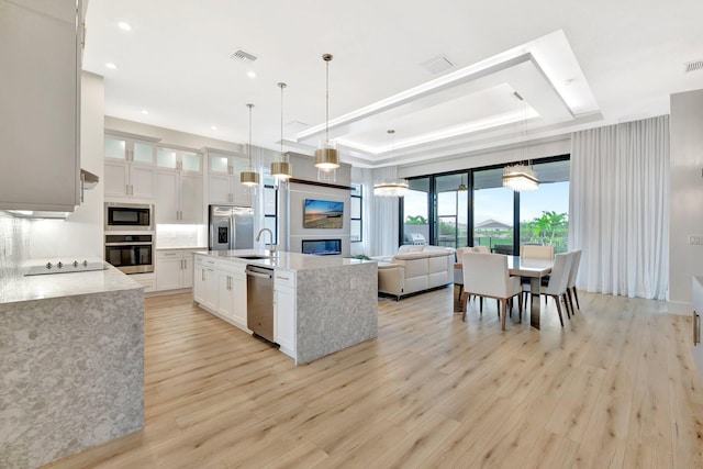 17135 SW Ambrose Way, Port Saint Lucie, FL 34986 - kitchen featuring stainless steel appliances, a raised ceiling, light wood-style floors, white cabinetry, and decorative light fixtures