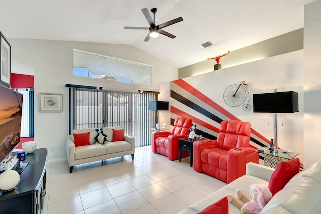 7566 San Pedro St, Boynton Beach, FL 33437 - living room with ceiling fan, tile patterned flooring, high vaulted ceiling, and baseboards