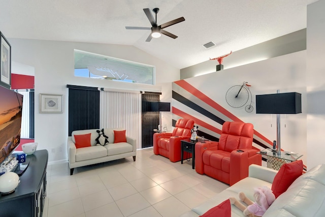 7566 San Pedro St, Boynton Beach, FL 33437 - living area featuring ceiling fan, tile patterned flooring, and high vaulted ceiling