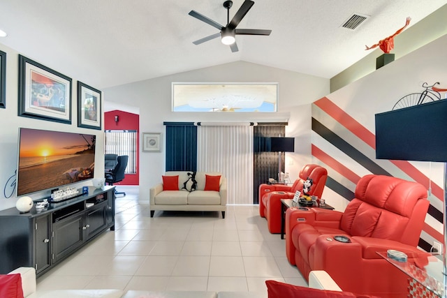 7566 San Pedro St, Boynton Beach, FL 33437 - living area with lofted ceiling, ceiling fan, and light tile patterned floors