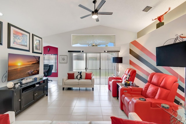 7566 San Pedro St, Boynton Beach, FL 33437 - living room featuring ceiling fan, light tile patterned flooring, and high vaulted ceiling