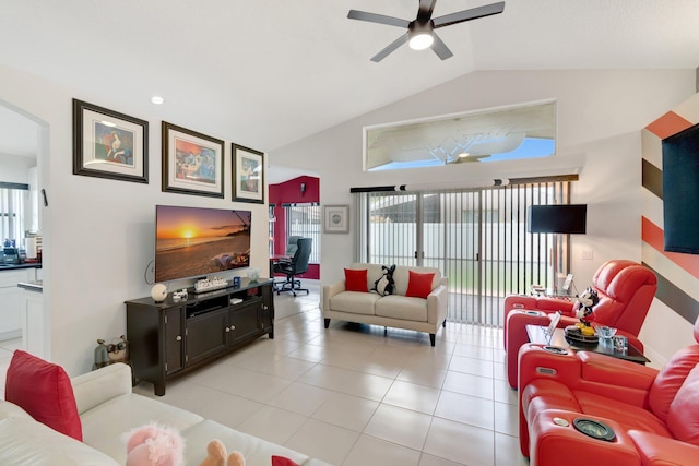 7566 San Pedro St, Boynton Beach, FL 33437 - living area featuring lofted ceiling, ceiling fan, arched walkways, and light tile patterned floors