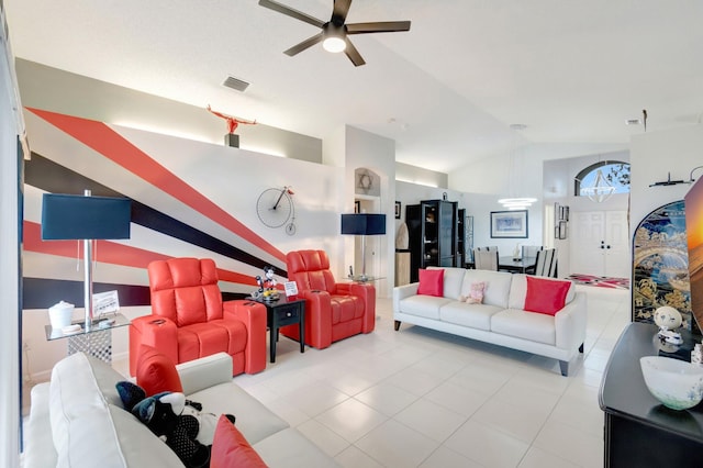 7566 San Pedro St, Boynton Beach, FL 33437 - living room with ceiling fan, vaulted ceiling, and tile patterned floors