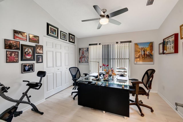 7566 San Pedro St, Boynton Beach, FL 33437 - office area featuring light wood-style floors, a ceiling fan, and baseboards
