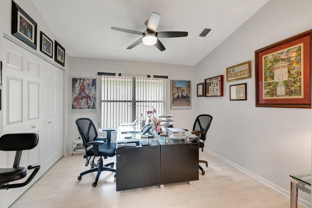 7566 San Pedro St, Boynton Beach, FL 33437 - office with a ceiling fan, light wood-style floors, baseboards, and vaulted ceiling