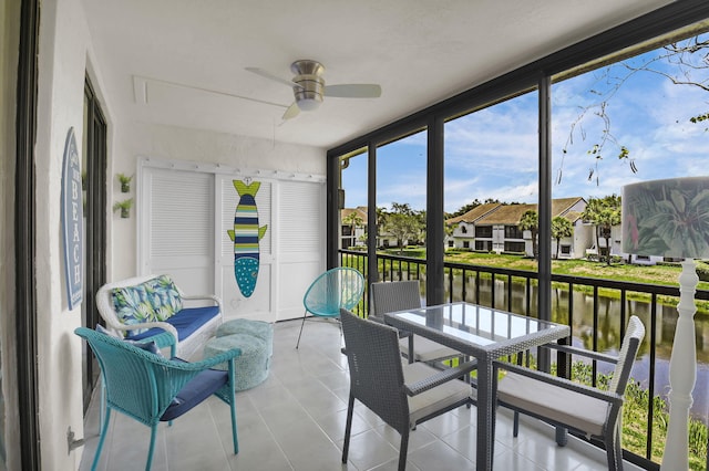 5451 Verona Dr Unit M, Boynton Beach, FL 33437 - sunroom / solarium with a water view, a ceiling fan, and a residential view