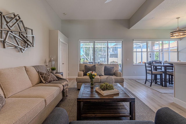 13664 Kiltie Ct, Delray Beach, FL 33446 - living room featuring light wood-type flooring, plenty of natural light, baseboards, and a ceiling fan