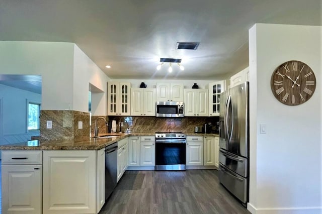 2809 SW 46th St, Dania Beach, FL 33312 - kitchen with stainless steel appliances, a sink, dark wood-style floors, dark stone countertops, and decorative backsplash