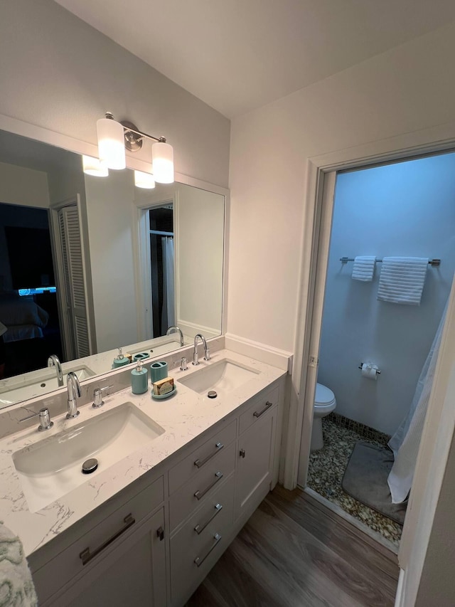 2809 SW 46th St, Dania Beach, FL 33312 - bathroom featuring toilet, double vanity, and wood finished floors