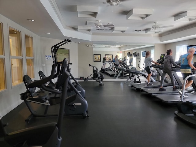 4295 55th St, Vero Beach, FL 32967 - workout area featuring ceiling fan, a raised ceiling, and baseboards