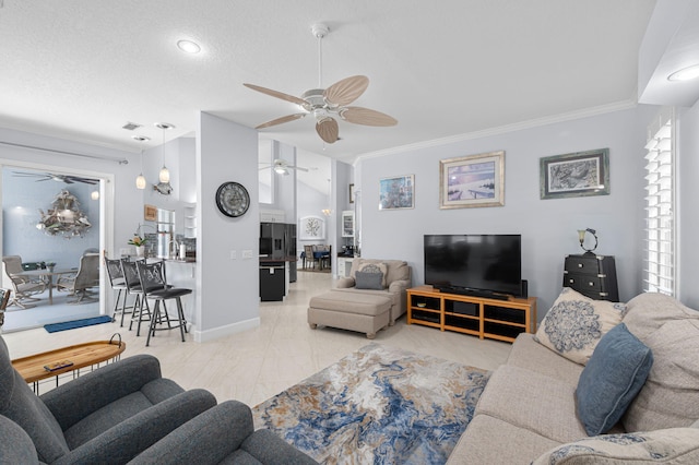 550 SW Sanctuary Dr, Port Saint Lucie, FL 34986 - living area with a ceiling fan, crown molding, baseboards, and a textured ceiling