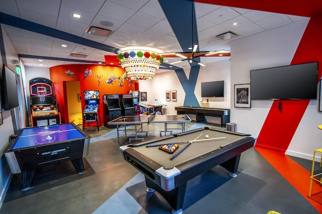 7919 L Aquila Way, Delray Beach, FL 33446 - playroom featuring a drop ceiling, pool table, baseboards, and recessed lighting