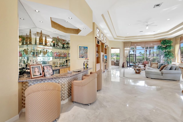 7919 L Aquila Way, Delray Beach, FL 33446 - indoor wet bar featuring a raised ceiling, ceiling fan, and recessed lighting