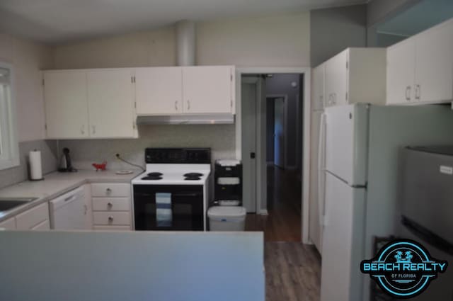 4318 7th Ave, Marianna, FL 32446 - kitchen with white appliances, under cabinet range hood, wood finished floors, white cabinets, and light countertops