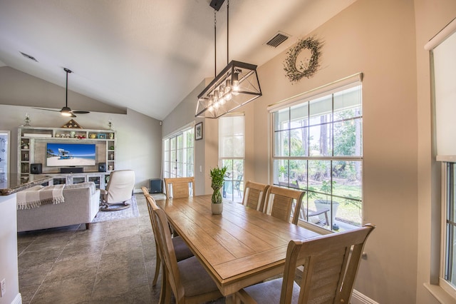 15048 85th Rd N, The Acreage, FL 33470 - dining room featuring ceiling fan and high vaulted ceiling
