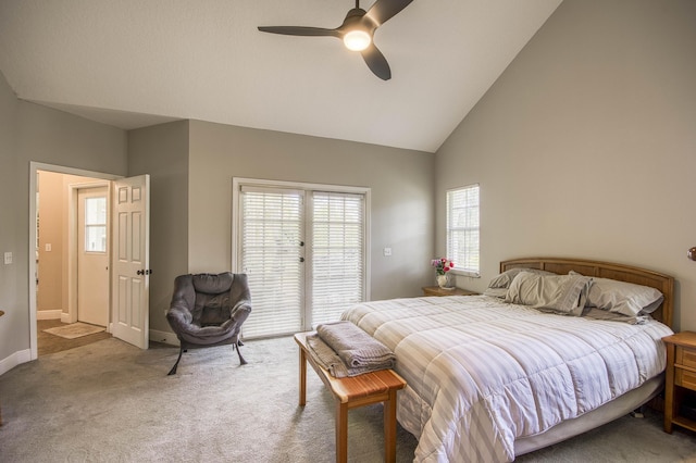 15048 85th Rd N, The Acreage, FL 33470 - bedroom with access to outside, carpet, baseboards, a ceiling fan, and high vaulted ceiling