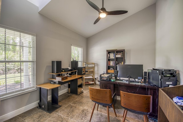 15048 85th Rd N, The Acreage, FL 33470 - home office with baseboards, a ceiling fan, and high vaulted ceiling