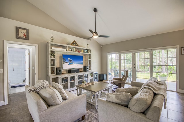 15048 85th Rd N, The Acreage, FL 33470 - tiled living room featuring a ceiling fan, vaulted ceiling, and baseboards