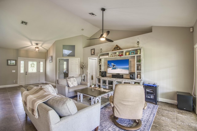 15048 85th Rd N, The Acreage, FL 33470 - living room with baseboards, ceiling fan, and high vaulted ceiling