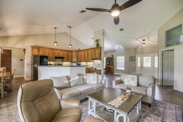 15048 85th Rd N, The Acreage, FL 33470 - living room featuring high vaulted ceiling, ceiling fan, and baseboards