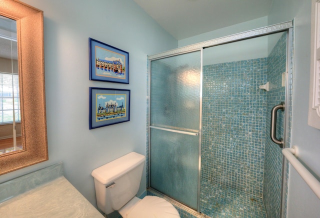 bathroom featuring toilet and a stall shower