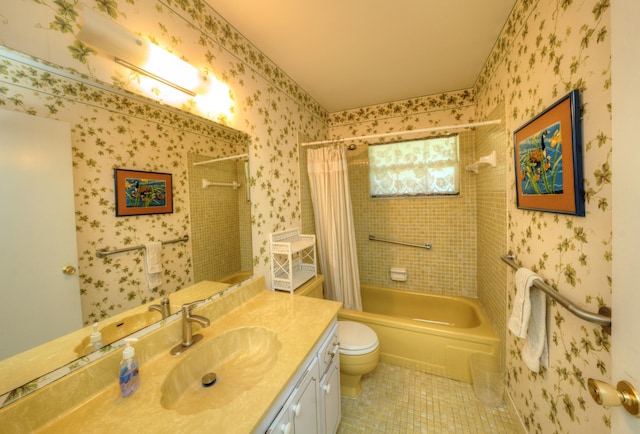 full bath with tile patterned flooring, shower / bathtub combination with curtain, vanity, toilet, and wallpapered walls