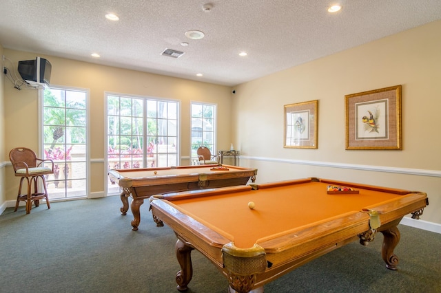 236 Village Blvd Unit 1303, Tequesta, FL 33469 - game room with billiards table, carpet flooring, recessed lighting, a textured ceiling, and healthy amount of natural light