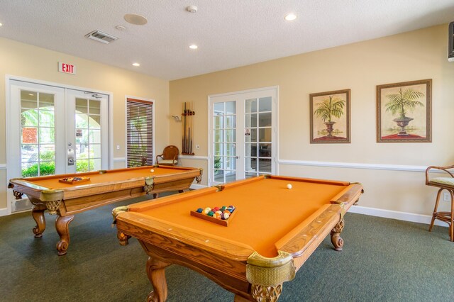 236 Village Blvd Unit 1303, Tequesta, FL 33469 - recreation room featuring french doors, pool table, carpet, recessed lighting, and a textured ceiling