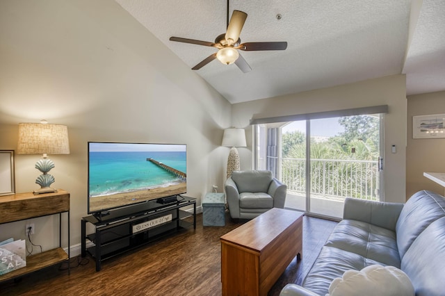 236 Village Blvd Unit 1303, Tequesta, FL 33469 - living room with a ceiling fan, lofted ceiling, wood finished floors, and a textured ceiling